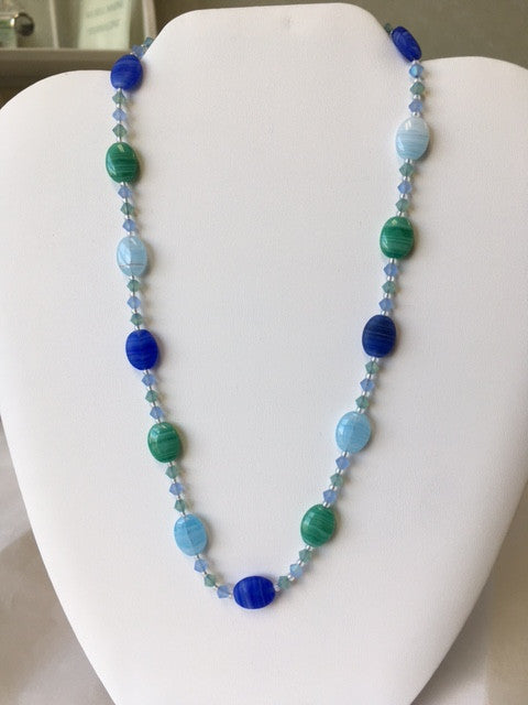 Blue and Green Hurricane Glass and Swarovski Crystal Necklace - Lively Accents