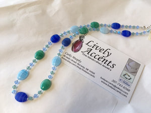 Blue and Green Hurricane Glass and Swarovski Crystal Necklace - Lively Accents