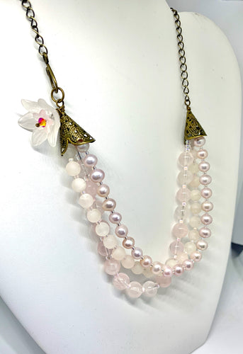 Pink Flower and Rose Quartz 3 Strand Necklace - Lively Accents