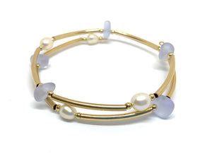 14k Gold Filled Tube and Frosted Glass Memory Wire Bracelet - Lively Accents