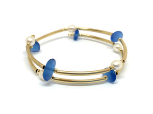 14k Gold Filled Tube and Frosted Glass Memory Wire Bracelet - Lively Accents