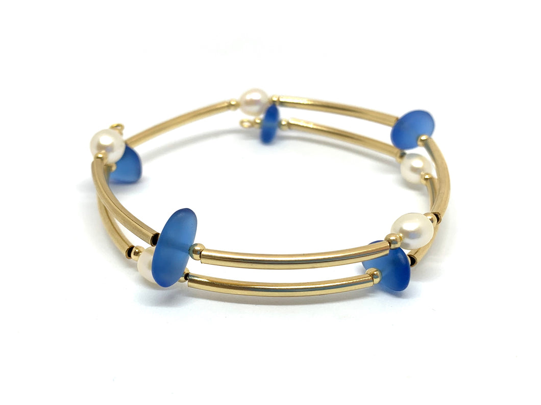 14k Gold Filled Tube and Frosted Glass Memory Wire Bracelet - Lively Accents