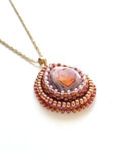 Fire Opal Bead Embroidered Pendant - Lively Accents