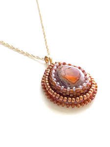 Fire Opal Bead Embroidered Pendant - Lively Accents
